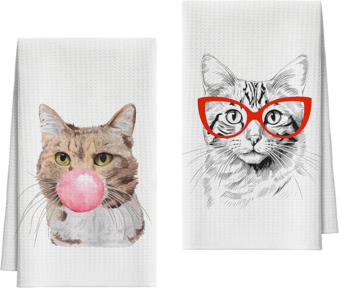 Kitchen Towels Set Of 2, Bubble Cat Dish Towel For Kitchen, Funny Glasses Kitten Decorative Hand Towels For Bathroom, Fast Drying Tea Towel, Housewarming Xmas Gifts For Cat Lover Women Mom -B10