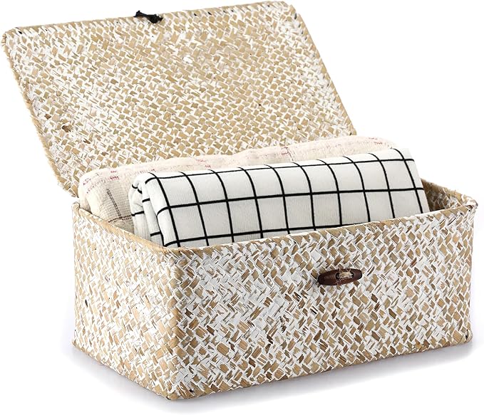 Hipiwe Wicker Shelf Baskets with Lid, X-Small Woven Seagrass Basket Bin | Rectangular Storage Baskets Household Basket Boxes for Shelf Home Organizer and Decor, Whitewash