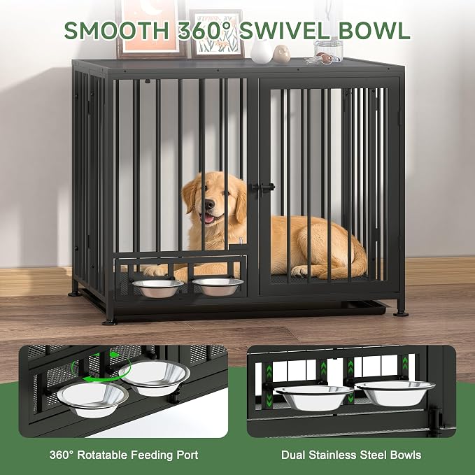 Heavy Duty Dog Crate for Small Dogs, 3 in 1 32.7" Foldable Collapsible Dog Kennel & Playpen with Lockable Wheels & Feeding Bowls, Escape-Proof Metal Dog Cage for Indoor Outdoor Use, Black