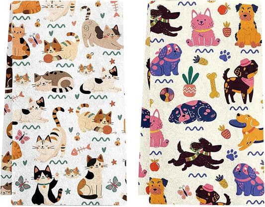 Cat Dog Kitchen Towels, 2 Pcs Dogs Dish Towels, Absorbent Dish Towel for Kitchen Drying Dog, Dish Cloths Funny Cute Housewarming Gifts for Women Cats Dogs Lovers