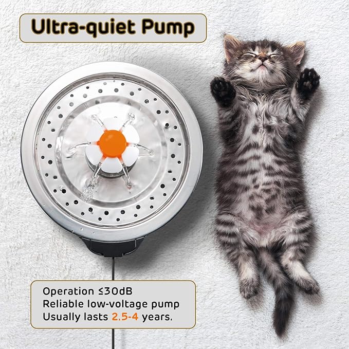 iPettie Cat Water Fountain Stainless Steel, 84oz/2.5L, 4-Stage Filtration, Ultra Quiet Metal Cat Water Fountain with LED Light & Filter for Pet, Kitty & Dog