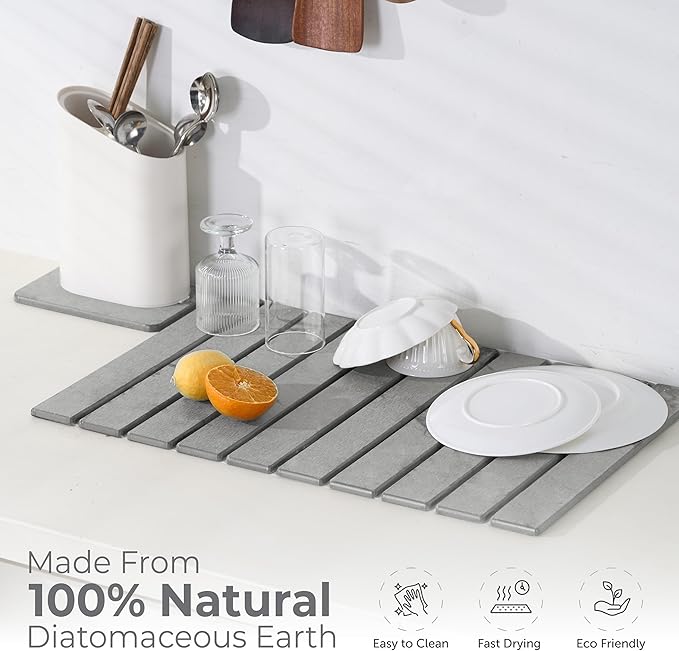Large Stone Dish Drying Mat for Kitchen Counter,Natural Quick Dry Stone Dishes Mats,Foldable Water Absorbing Diatomaceous Earth Drying Organizer Pad for Kitchen Utensils(Light Gray 24"×16" & 8"x4")