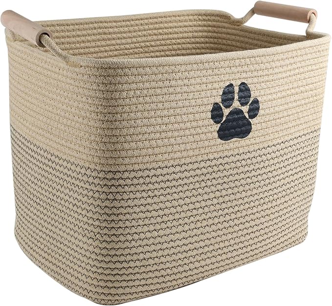 Woven Dog Toy Basket, Dog Toy Bin for Living Room Area, Dog Basket | 100% Cotton Rope Basket With Wood Handle, Dog Stuff Storage Organizer, Pet Toy Basket For Toy,Blanket,Clothes-L13.7''×W10.2'