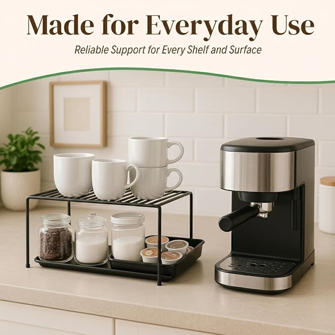 Evelots Wire Shelf Organizer, Large Metal Cabinet Risers, 4-Pack, Black | Four large rustproof metal shelf organizers create extra storage space in kitchen cabinets, pantries, freezers and bathrooms.