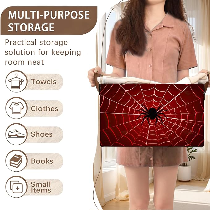 Red Spider Web Pattern Collapsible Box - 17x11.5x10.5 Inch Foldable Organizer for Seasonal Decor, Closet, Under Bed,Halloween Decor, Gothic Storage - Space-Saving Single Pack