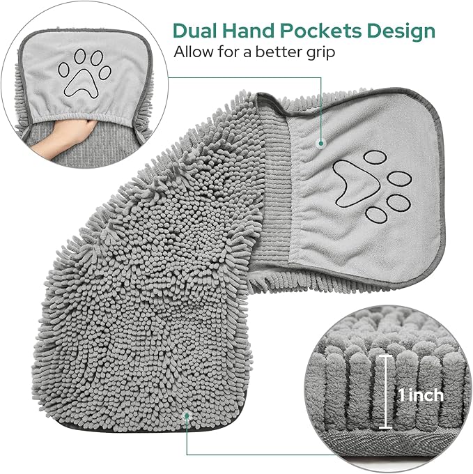 HOMEIDEAS 2 Pack Dog Towels Set, Chenille and Microfiber, Super Absorbent Soft Bath Shammy Towel with Hand Pockets for Pets Drying