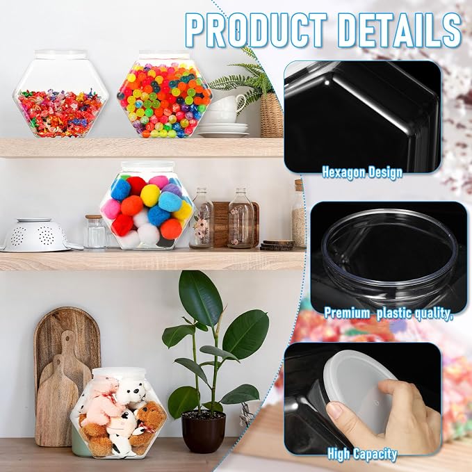 Uiifan Plastic Candy Jar with Lid Clear Hexagonal Fish Bowls,29 Oz | Clear Cookie Jar Desk Pet Display, Dog Food Craft Supplies Coffee Pod Storage, Wide Mouth Easy Access Organizer