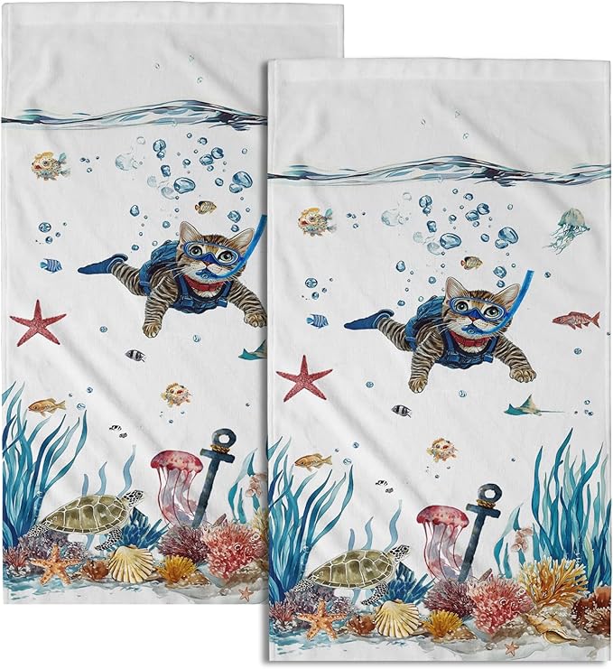 Giwawa Funny Cat Hand Towel Set of 2 Summer Nautical Ocean Blue Sea Towel Underwater Swimming Kitten Decorative Face Fingertip Towel Dish Wash Cloth for Bathroom Hotel Gym Home Spa