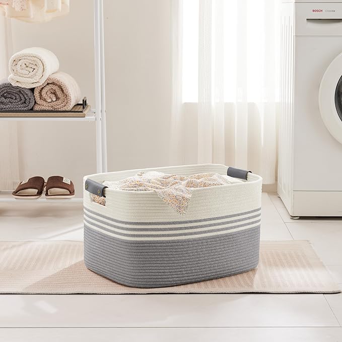 60L Woven Laundry Basket Hamper with Leather Handles,Grey | collapsible wicker hamper, storage for dirty clothes, toys, blankets, gifts, living room, bedroom, bathroom, 21"x15"x11"