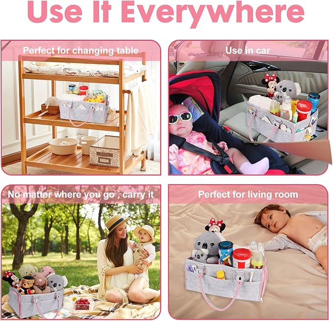 XUANGUO Large Felt Baby Diaper Caddy Organizer with Handles for Girls, Pink | Nursery storage bin and basket; portable tote bag for changing table or car, baby shower gifts and newborn essentials.