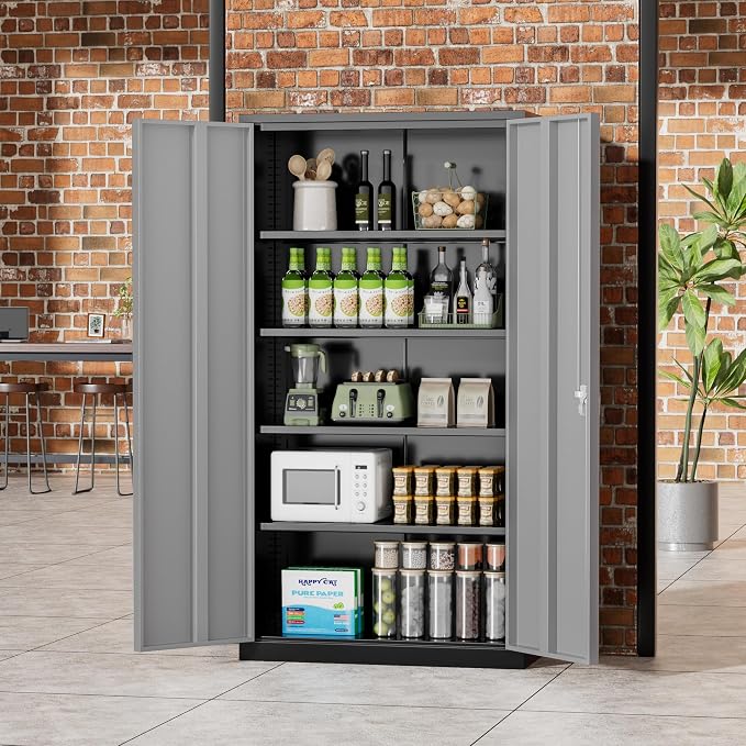 Greenvelly Metal Storage Cabinet, 72" Locking Metal Garage Storage Cabinet with Doors and 4 Adjustable Shelves, Lockable Steel Cabinet for Home Office, Garage, Shop, School (Black Grey 36" W x 18" D)