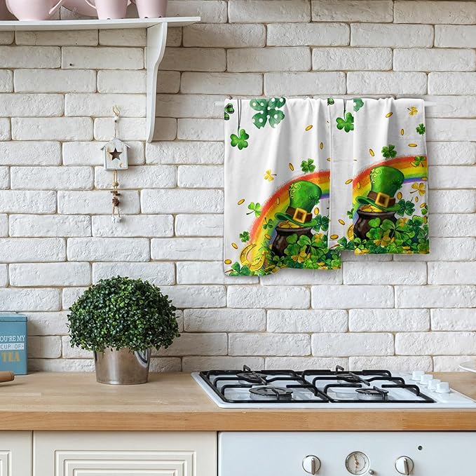 Giwawa Patrick Decorative Hand Towels- Lucky Clover Elf Hat Rainbow Towel Set of 2- Spring Shamrocks Leaf Face Towel Absorbent Dish Wash Cloth for Hotel Bathroom Gym Guest Home Holiday