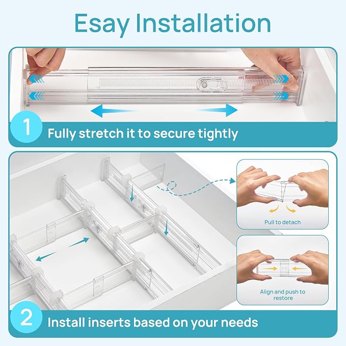 Vtopmart 2.36" Drawer Dividers with Expandable Inserts, 12.8"-22.3", 6 Pack | Adjustable Kitchen Drawer Organizer, Clear Organizer Separator for Flatware, Utensil, Cutlery, 6 Dividers with 10 Inserts