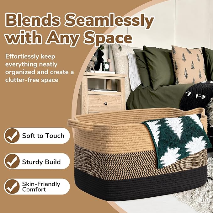 Goodpick Large Woven Blanket Basket, Rectangle, Black Jute, 75L | 21.6'' x 14.9'' x 11.8'' Wicker Storage Basket for Blankets & Toys, Living Room & Bedroom Organization, Reinforced Handles