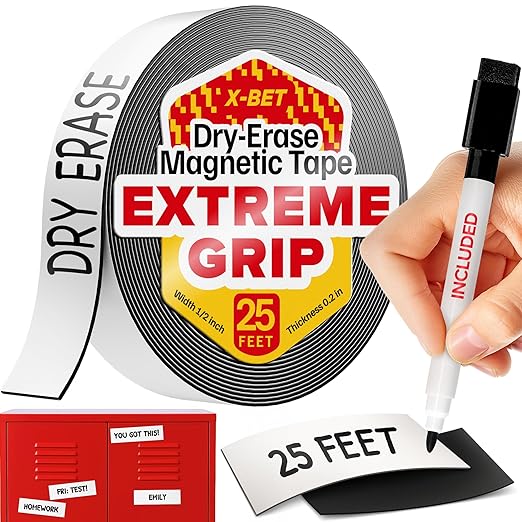 Dry Erase Magnetic Strips, Write-On, 1in x 25ft (2.5cm x 7.6m) | Blank & Writable Flexible Magnet Roll, Sticky Labels & Stickers for Whiteboards, Refrigerator and Crafts