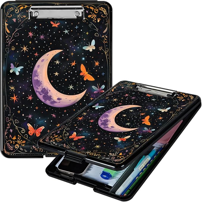 Heavy Duty Storage Clipboard, Slim Nursing Clipboard with Internal Pen Case, Portable File Organizer Case for A4 Letter Size Paper Office Medical Professionals, Butterfly Dark Moon