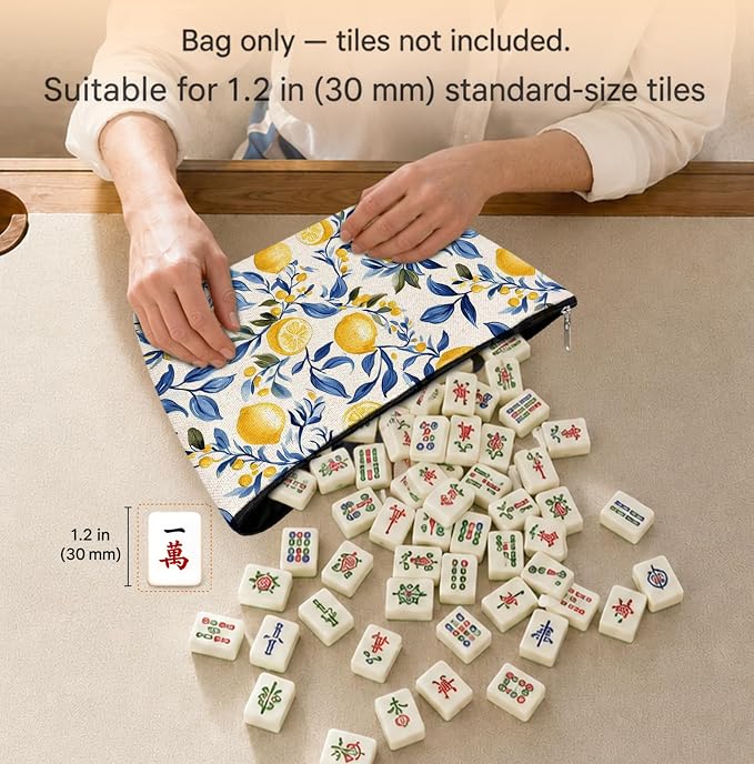 Summer Lemon Themed Gifts Empty Mahjong Tile Bag 13x7.8 Inch, | Blue Yellow Printed Portable Travel Case Organizer Zipper Pouch for American Mahjong Tiles Game Night Accessories and Gifts