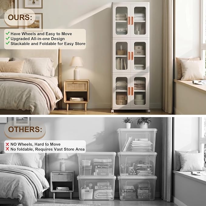 3-Tier Tall Narrow Plastic Storage Cabinet, Foldable | Rolling Organizer with Lid,Doors,Stackable, Adjustable Shelves, Durable PP,Freestanding Bathroom Cabinet for Small Slim Space