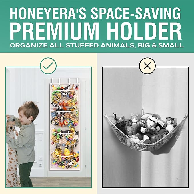 Honeyera The Original Storage for Stuffed Animals, Over Door Organizer for Stuffies, Baby Accessories, Toy Plush organizer, Breathable Hanging Storage Pockets Big Girls Toddler Large Bag (rainbow)