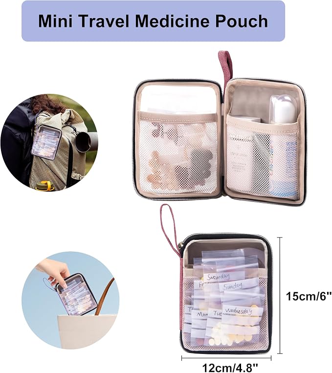 Lexeeco Travel Medicine Pill Bottle Organizer Bag with Portable Small Pouch | Medication Case with Lockable Zipper for Pill,Vitamin,Medicine Storage Box for College Dorm Student,Home,First Aid Bag Empty