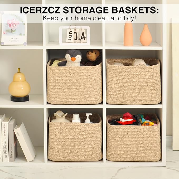 ICERZCZ Storage Baskets for Organizing & Shelves, Woven Cotton Rope Organization Bins for Dog Toys, Clothes, Books, Nursery Organizer, 15"Lx11''Wx9.5''H, (4 Packs) Brown