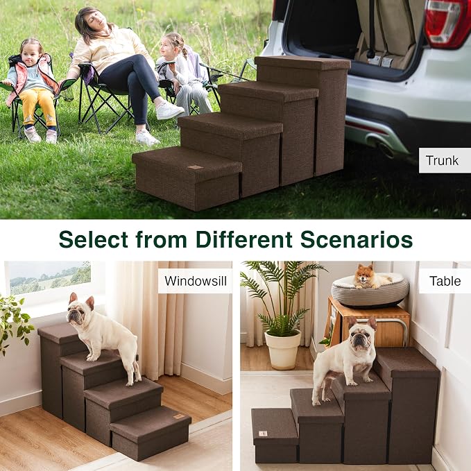 Love's cabin Dog Stairs for High Bed, Foldable Pet Stairs for Small Medium or Large Dogs Puppy with Storage for Bed or Couch, Cat Dog Steps Ramp with Zip up to 200 lbs, Coffee, 4 Steps