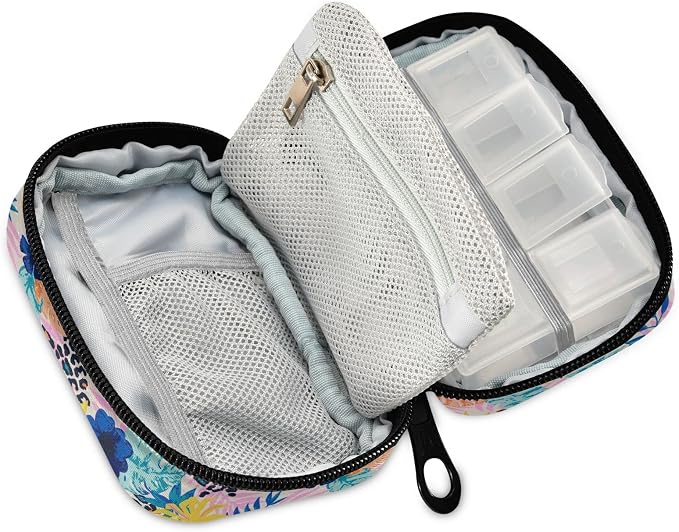Pill Organizer Leopard Spots Palm Leaves Pill Box 7 Day Pill Case Bag Travel Pill Organizer Bag with Zipper Portable Weekly Case Compact Size for Vitamin Supplement Holder
