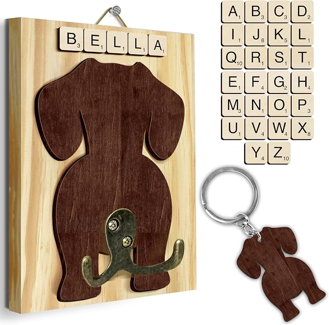 Dachshund Dog Leash Holder Wall Mount with Scrabble Letters, Wooden Dog Wall Hook Organizer, Pet Collar and Harness Holder for Entryway, Key Hook and Leash Rack, Pet Lovers Gift Home Decor PF297-30