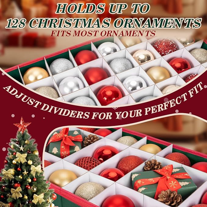 Christmas Ornament Storage Box with Adjustable Dividers Zippered Top Stores up to 128 Holiday Ornaments (3 Inch) Xmas Ball Decorations Organizer Storage Container Bin