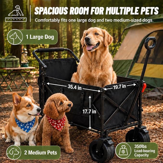 Foldable Dog Wagon for Medium & Large Dogs with Drop-Down Tailgate | 205L Heavy Duty Dog Cart, All-Terrain Collapsible Wagon for Beach, Shopping & Camping, for 1 Large or 2 Medium Puppies