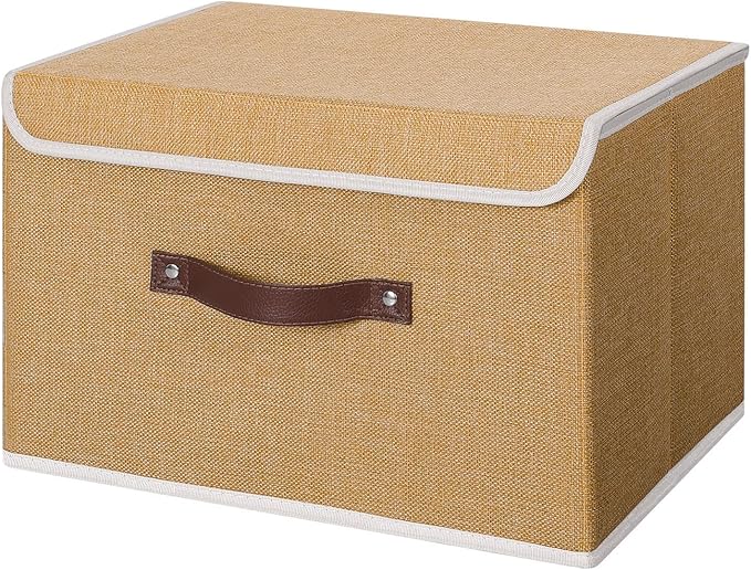 ANMINY Fabric Storage Box Bins with Lids, Khaki, 15"x10"x10" | Keepsake Memory Storage, Cotton Linen, PP Board Reinforced, Washable, PU Handles, Foldable & Stackable, Decorative, Large