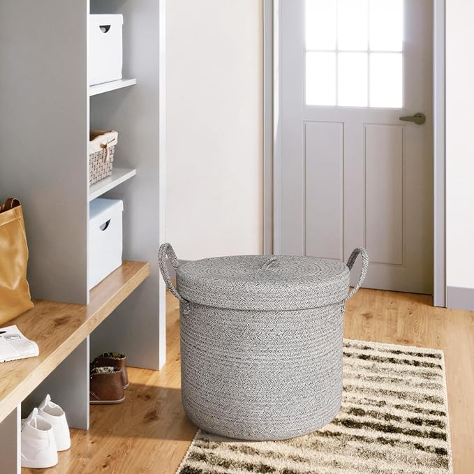 15”x13” Storage Basket with Lid, Blanket Storage for Living Room, Woven Cotton Rope Bin with Cover, Kids Dog Toy Box, Baby Laundry Basket with Lid, Covered Blankets Pillows Holder, Gray