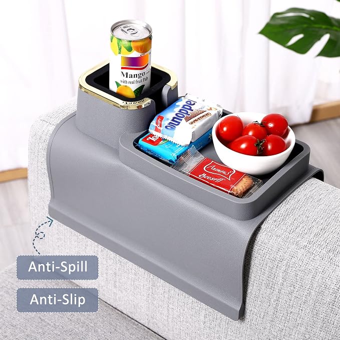 HMASYO Couch Cup Holder Tray – Weighted Silicone Sofa Armrest Organizer Table with Anti-Spill Coaster, Easy Reach for Drink, Snacks, Remote & Phone, Non-Slip Base, Easy Clean