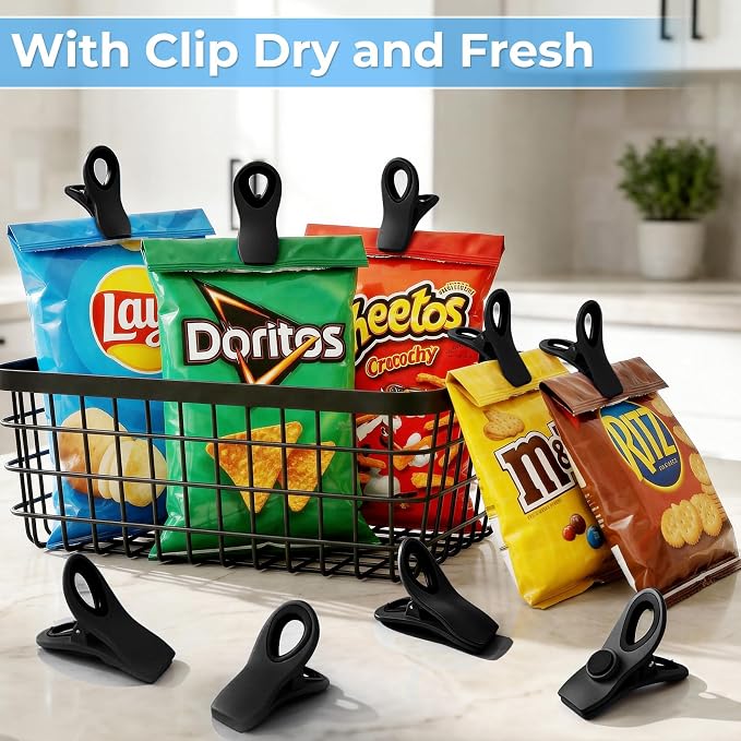 12 Pack Chip Clips, Bag Clips for Food, Magnetic Sealers for Chips And Other Food, Plastic Bag Clip for Kitchen, Fridge, Clothes, Sewing And Artwork (Black)