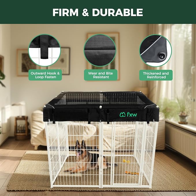 FXW Homeplus Indoor Dog Playpen with Mesh Top Cover, 45" H, 8 Panels | Calm Indoor Play Area, Cover Helps Deter Jump-Outs, for Large Dogs, Patented
