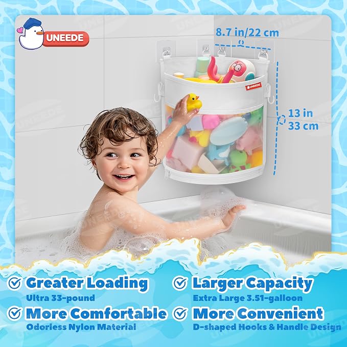 UNEEDE 3.5 Gallons Corner Mounted Versatile Bath Toy Organizer | Mesh Shower Caddy for Bathtub Toy Organizer and Storage, Quick Dry Bath Toy Holder