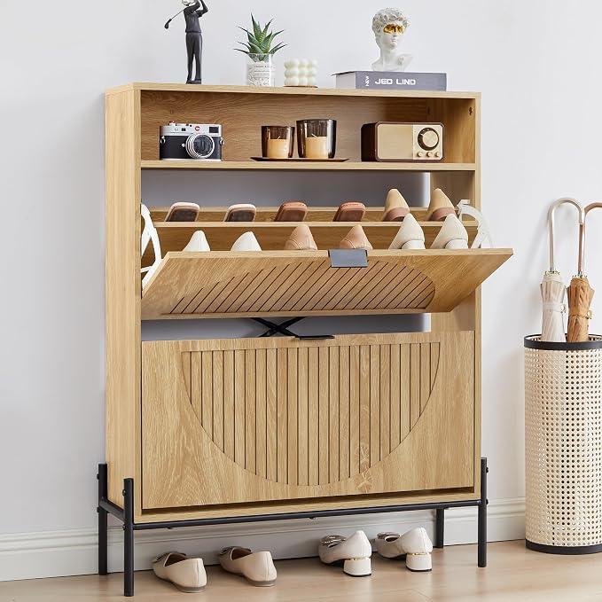 FurSch Fluted Shoe Cabinet with 2 Flip Drawers | Slim, Freestanding, Hidden Organizer, Narrow Storage Rack, for Entryway
