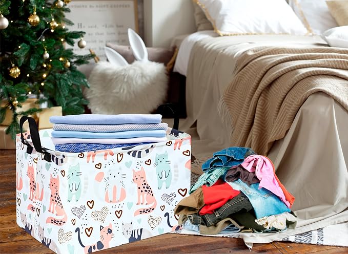 Kid Clothes Storage Basket Gift Shelf Basket Toy Storage Bin, Nursery Basket Organizer Box for With Handles for Room Deco Cat Pattern