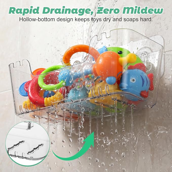 Wakauto 4 Pack Clear Wall Mounted Bath Toy Organizer & 2 Soap Dishes | Bathtub toy holder basket, adhesive shower caddy, kids bathroom storage, easy drainage design