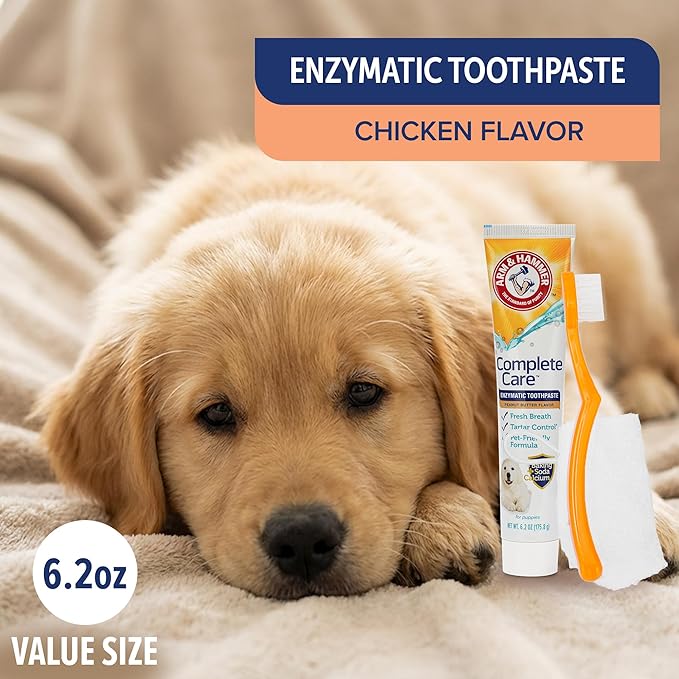 Arm & Hammer Complete Care Puppy Dental Kit, Enzymatic Toothpaste with Baking Soda and Calcium for Dogs, Peanut Butter Flavor, Toothbrush and Microfiber Brush Included, Fluoride-Free, 2.5 Oz - 2 Pack