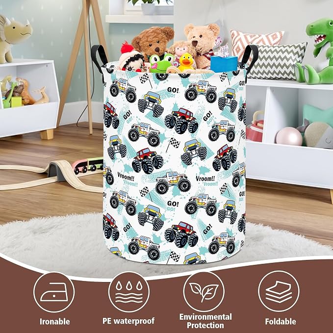 Monster Truck Fabric Storage Bin Nursery Organizer Basket | Organizer Bin Dirty Clothes Collapsible Waterproof for College Dorms, Boys and Girls Bedroom,Bathroom