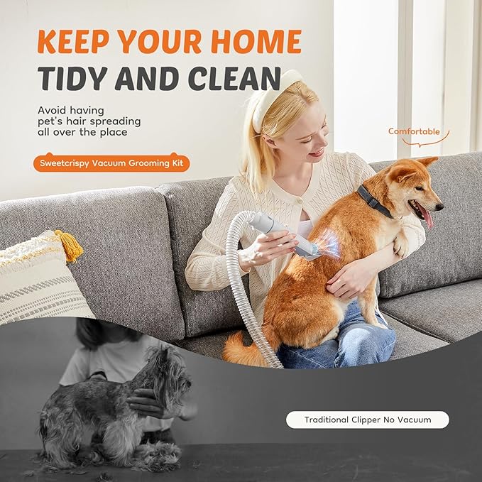 Sweetcrispy Professional Pet Grooming Vacuum Kit, 2.5L Cup, 3 Suction Modes, and 5 Groomer Tools with Cordless Low Noise Dog Clippers for Cats, Other Animals Hair Trimmer, Gray