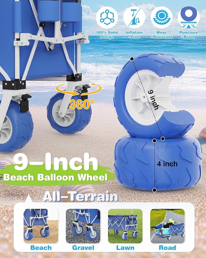 59"L Beach Wagon with 9×4" Big Sand Wheels, Expandable Tailgate | Heavy Duty Collapsible Utility Cart with 9" All-Terrain Non-inflatable Balloon Wheels for Beach Camping Baseball Fishing