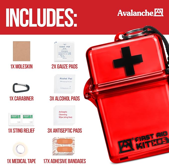 Avalanche Mini First Aid Kit, 30 Pcs Emergency Supplies Kit in Waterproof Case for Home, Car, Travel, Sports or Camping, First Aid Kit in Hard Case & Carabiner, Red