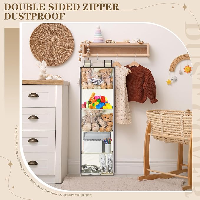 SATINIOR Hanging Stuffed Animal Storage with Zippers Dustproof over The Door Organizer with Large Pockets Different Hanging Methods for Shoes, File(Beige,5 Layer)