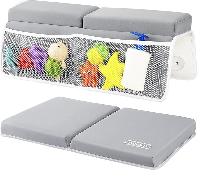 beiens Bath Kneeler and Elbow Rest Pad Set, 1.5 Inch Thick Memory Foam Mat | Quick-dry, Non-slip, 6 Suction Cups, 4 Toy Organizer Pockets, Machine Wash, Foldable Bathtub Kneeling Pad for Bathing Baby