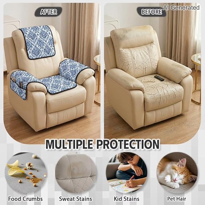 4 PCS Damask Recliner Chair Covers Blue Floral | Quilted Recliner Covers Washable Scratch Proof Retro Furniture Slipcovers Non Slip for Armchair Recliners Decor, Washable