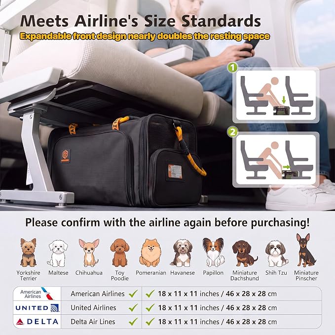 PAWZIDEA Expandable Pet Carrier for Small Cats & Dogs, TSA Airline Approved | 18"×11"×11" Soft-Sided Small Dog Travel Bag, Collapsible Top-Load Cat Carrier for 2 Cats Under Seat, Puppy Car Seat Up 15lbs