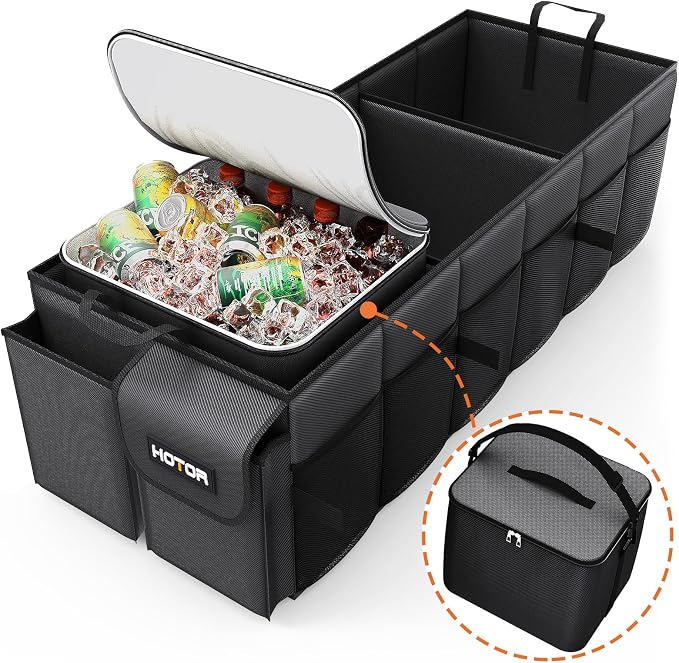 HOTOR Trunk Organizer, Sturdy Foldable with Cooler for Car, Sudan & SUV | Car Organizers and Storage, Detachable Cooler Bag, for Tools, Camping, 3 Compartments, Black, 31.5” x 12.6” x 10.6”