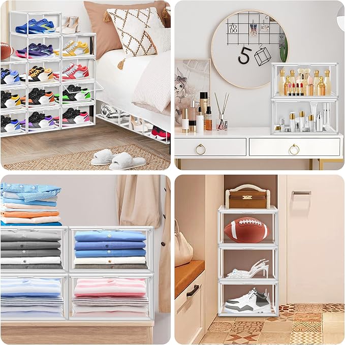 12 Pack Clear Plastic Shoe Organizer, Acrylic Magnetic Door, Fit Size 12 | Large Stackable Sneaker Boxes, Shoe Display Box, Handbag Organizer, Plastic Storage Bins for Closet